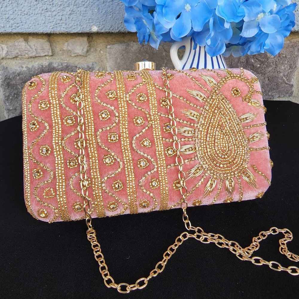 NWT Pink velvet clutch with gold zardozi, beads and sequins embroidery.